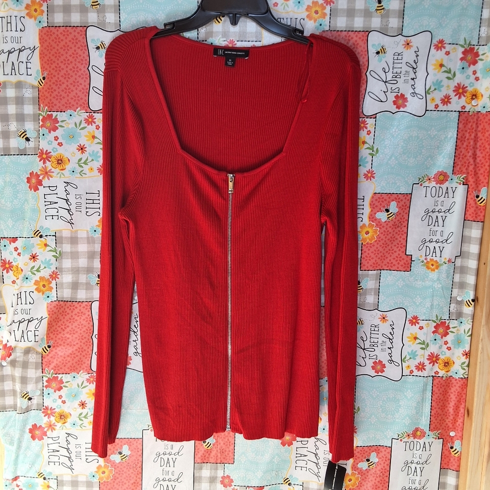 NWT INC LONG SLEEVE WOMENS RIBBED SQUARE NECK FULL ZIP SWEATER - Picture 1 of 6